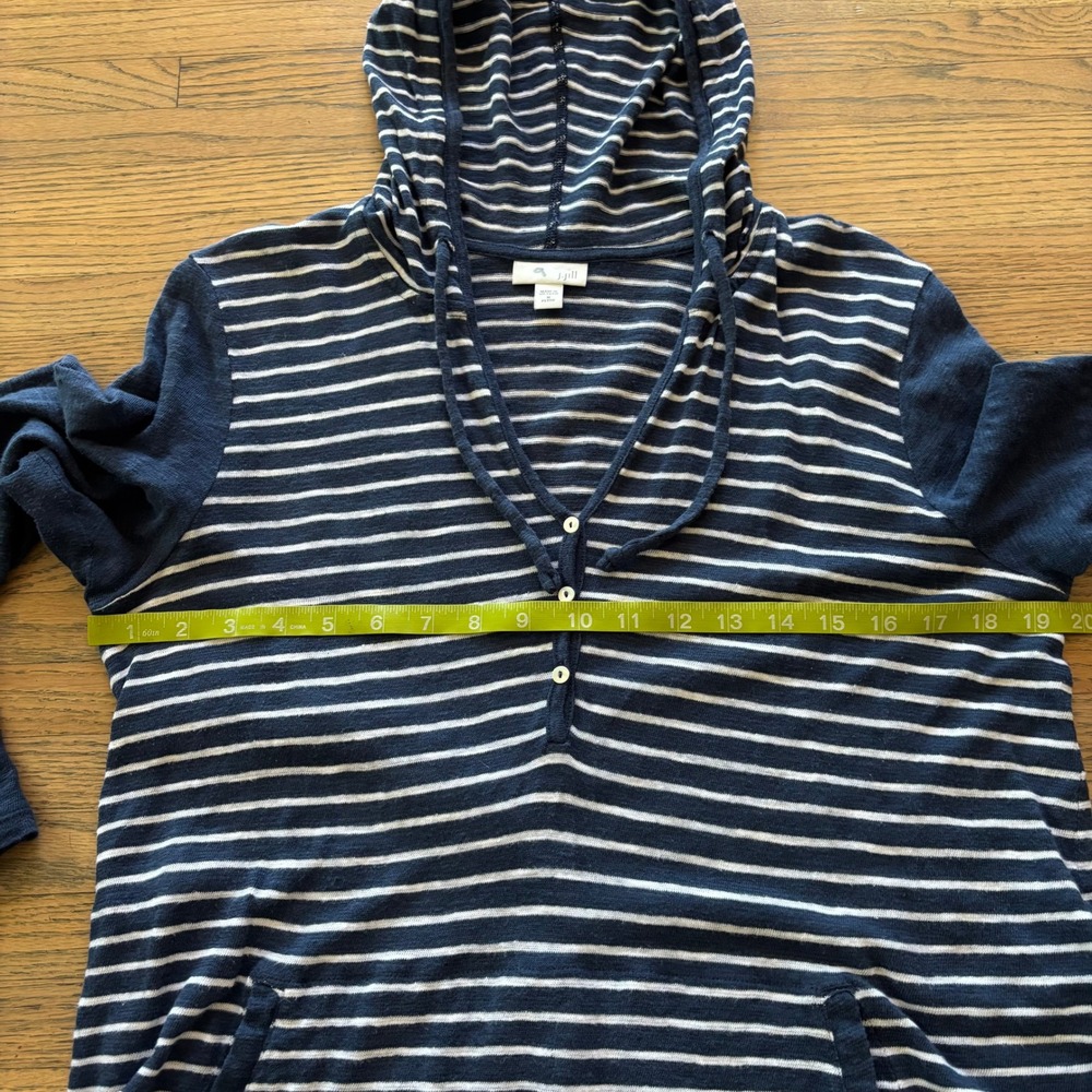 J. Jill Navy Blue White Striped Henley Hoodie Top Womens Medium Petite MP Pocket - Picture 5 of 7